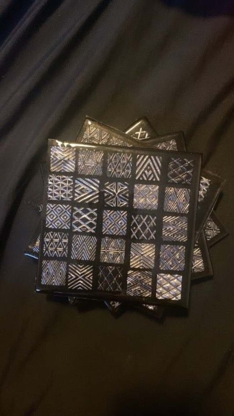 4pc Set Silver & Black Moroccan Tile Style Handmade Wooden Resin Coasters
